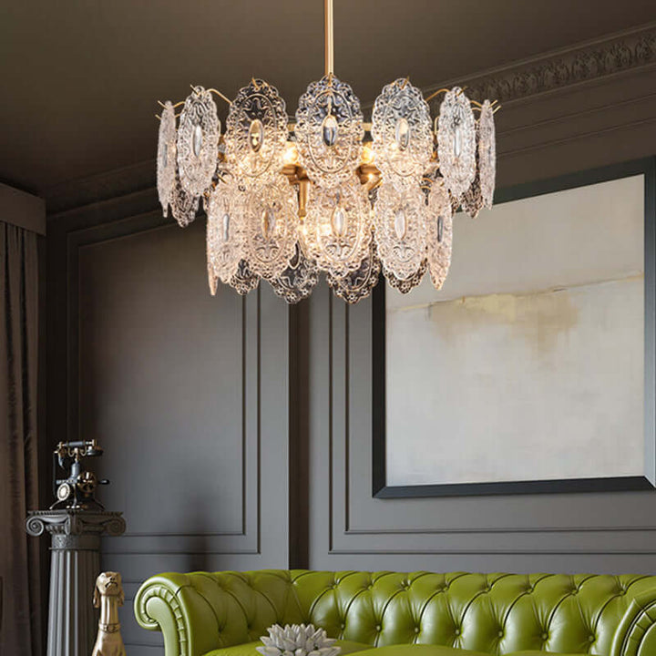 Crystal Panel Chandelier, Embossed Lighting Fixture