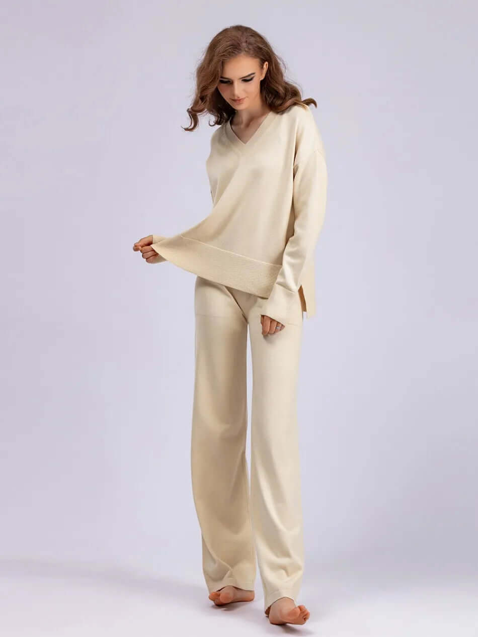 Women's V-Neck Sweater and Wide-Leg Trousers Set