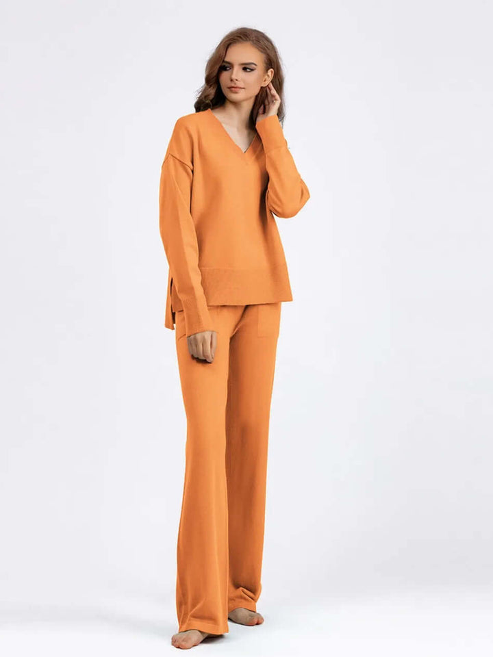 Women's V-Neck Sweater and Wide-Leg Trousers Set