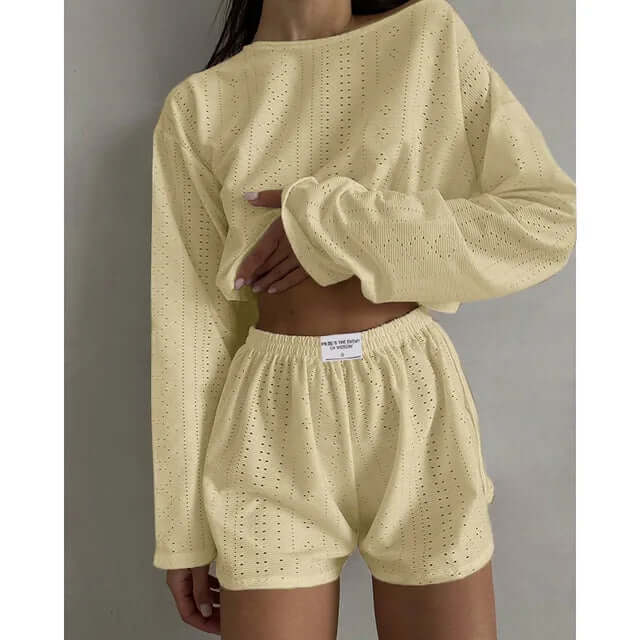 Women's Eyelet Knit Lounge Set - Crop Top & Shorts