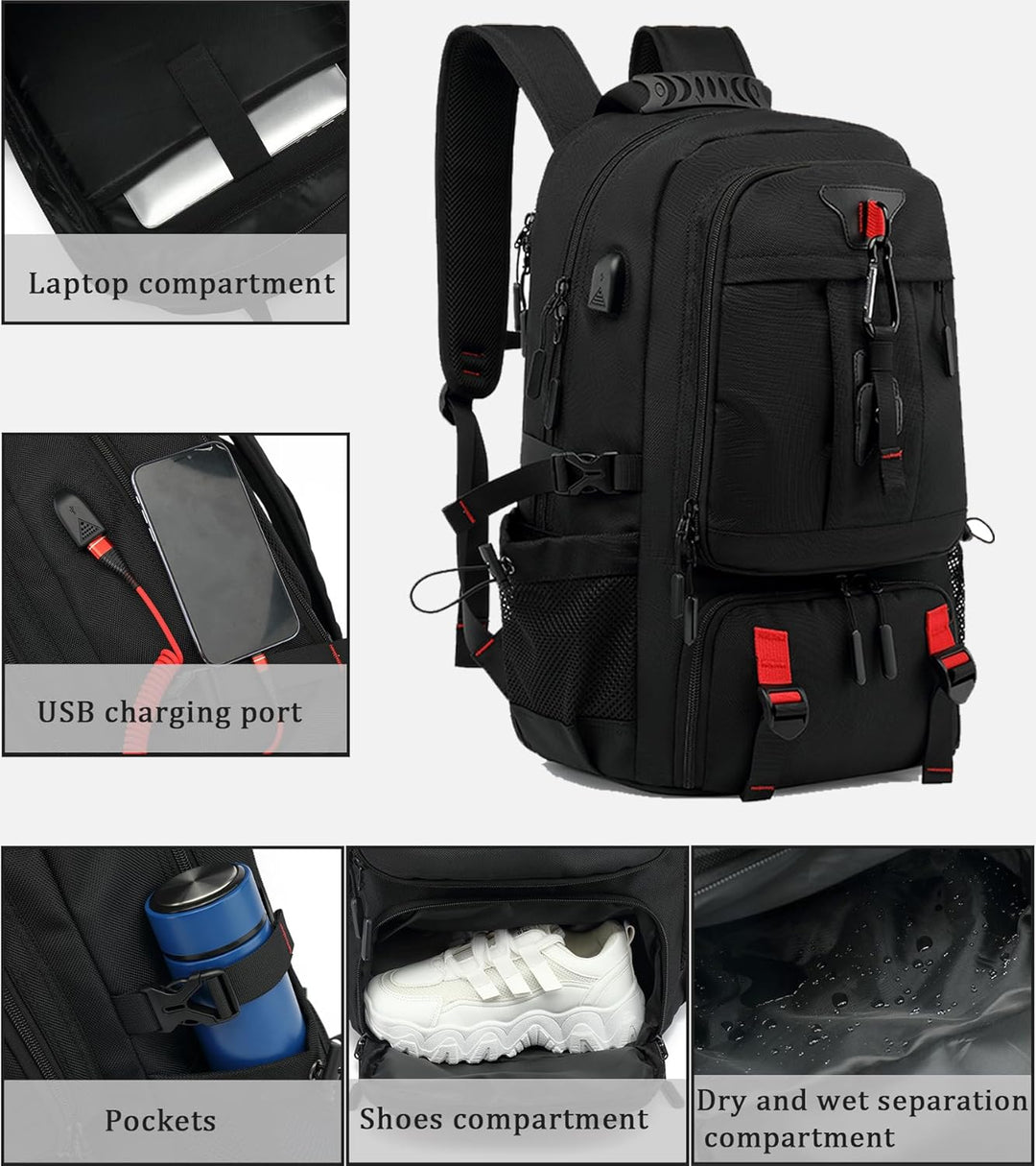 Anti-theft 60L waterproof travel bag for laptops, featuring a USB charger and shoe pocket.