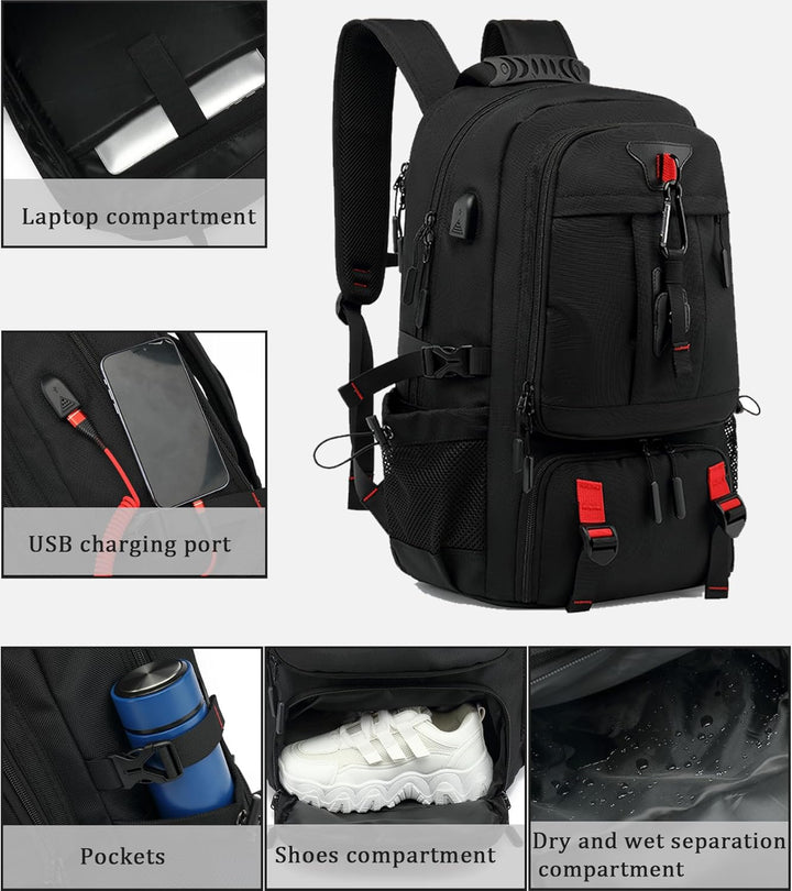 Anti-theft 60L waterproof travel bag for laptops, featuring a USB charger and shoe pocket.