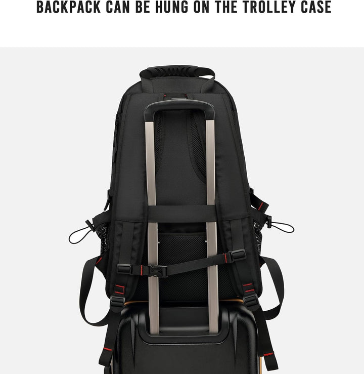 Versatile black 60L waterproof travel backpack with USB charging, anti-theft design, and shoe space.