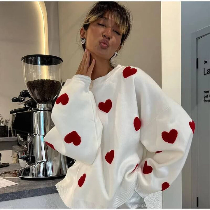 Women's Loose Fit Heart Print Sweater