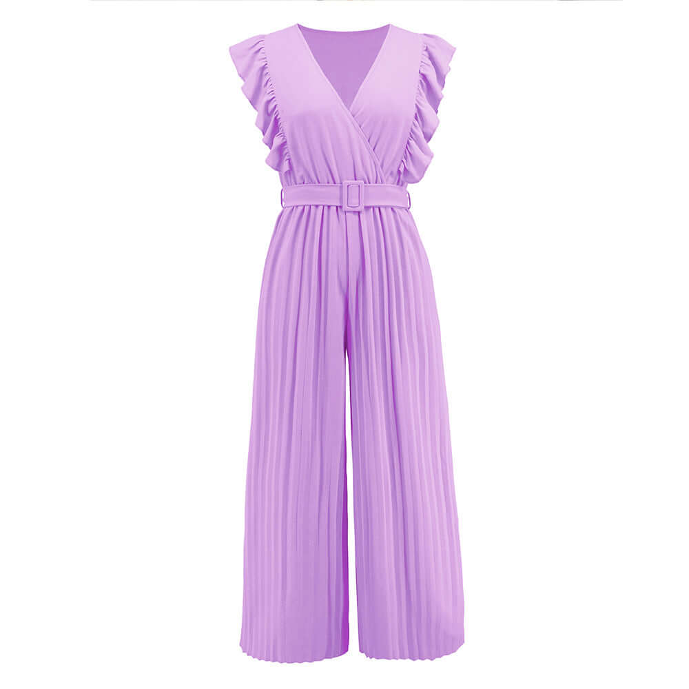 Women's Ruffled V-Neck Jumpsuit with Belt