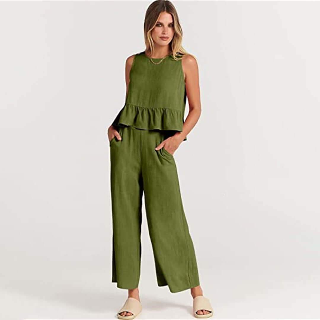 Women's Ruffled Sleeveless Top & Wide-Leg Pants Set