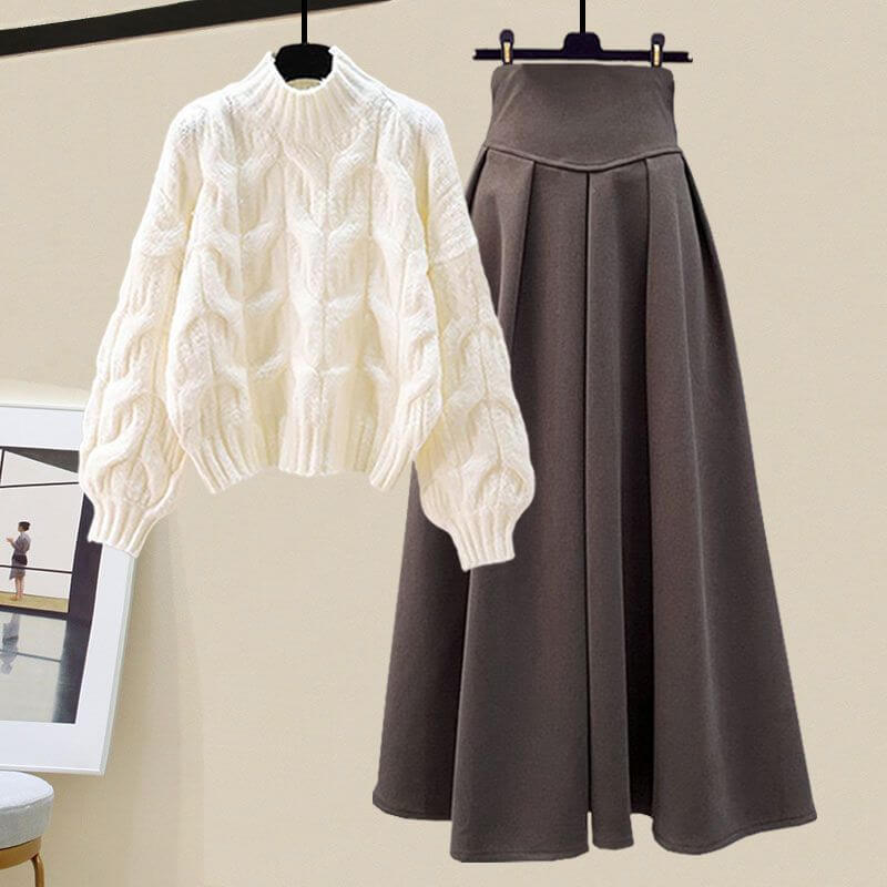 Women's Knitted Sweater and Pleated Midi Skirt Set