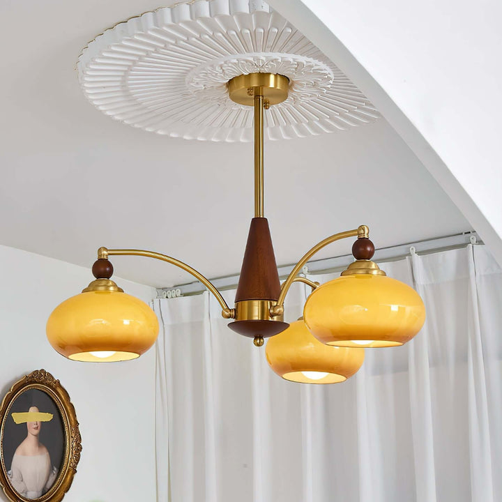 Retro Wood & Brass Chandelier