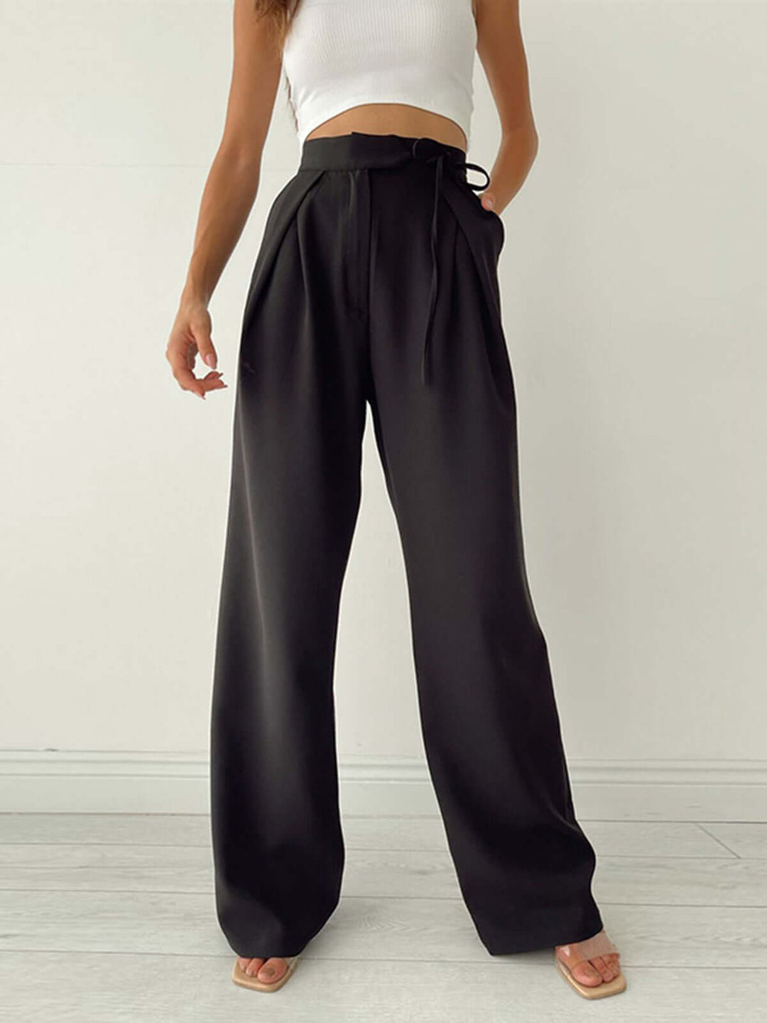 Women's Wide Leg Palazzo Trousers - Pleated High Waist