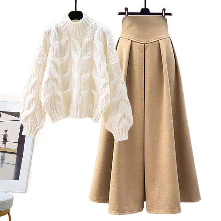 Women's Knitted Sweater and Pleated Midi Skirt Set