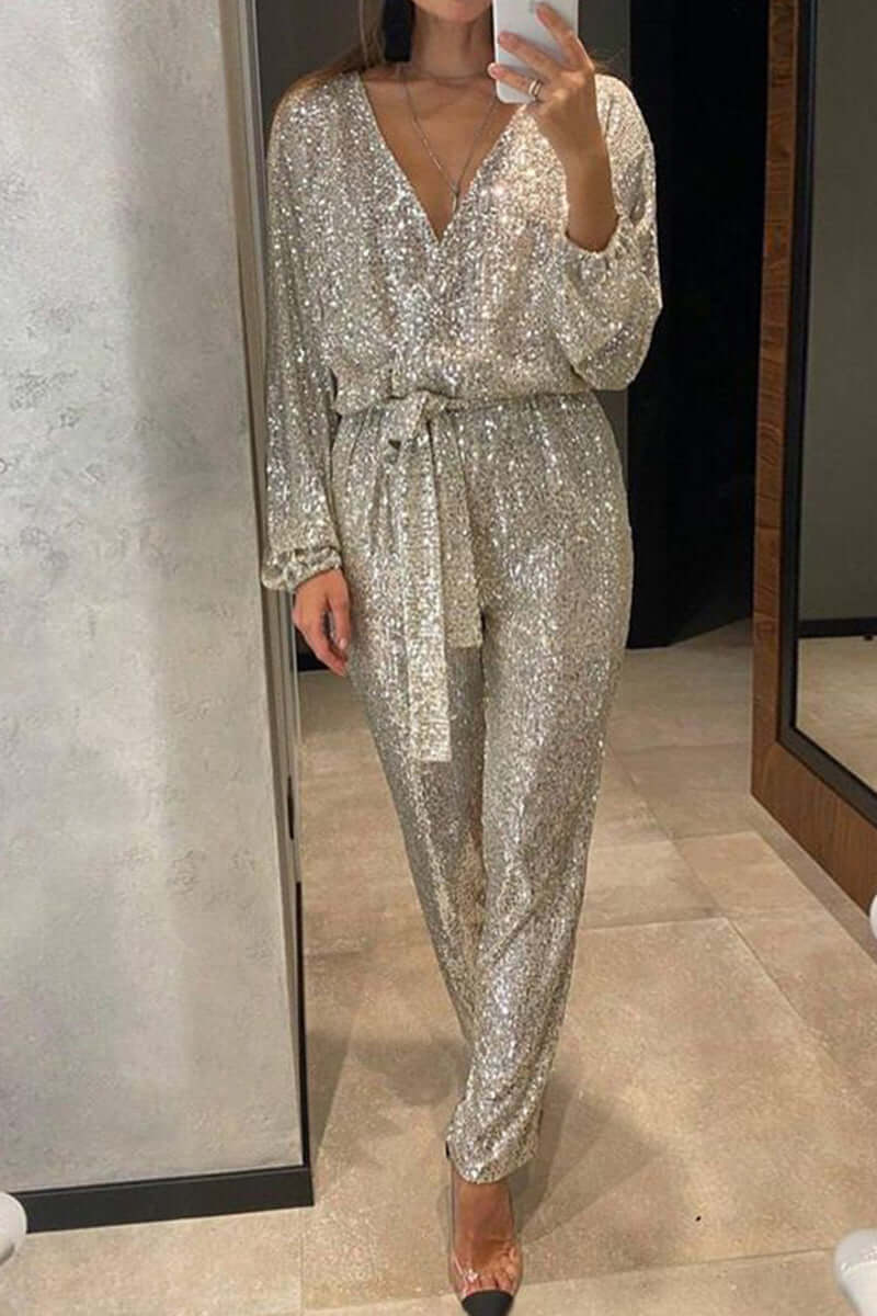 Sequin Bandage Jumpsuit with V-Neck