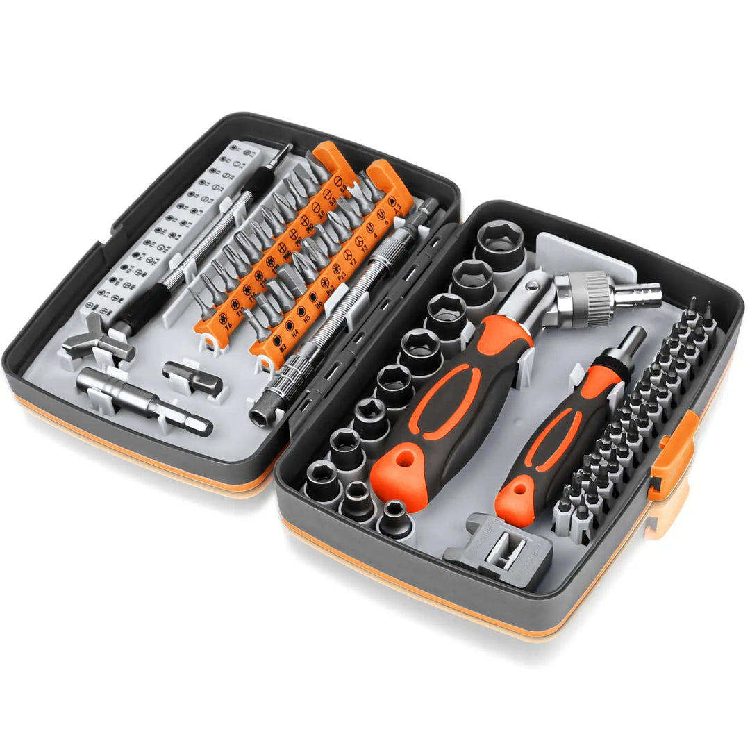 "68-in-1 ratchet screwdriver set with 68 bits, chrome-vanadium steel, ergonomic handle, in a compact storage box."