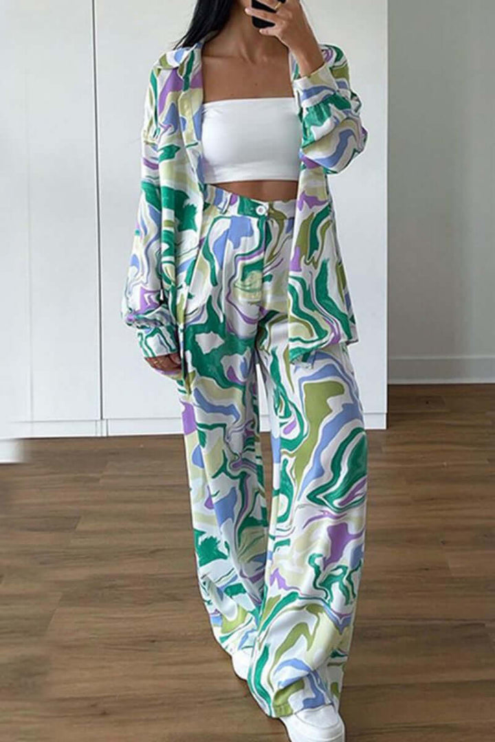 Printed Two-Piece Set with Cardigan & Pants