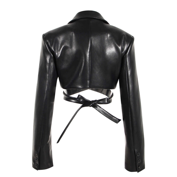 Women's PU Leather Jacket with Waistband