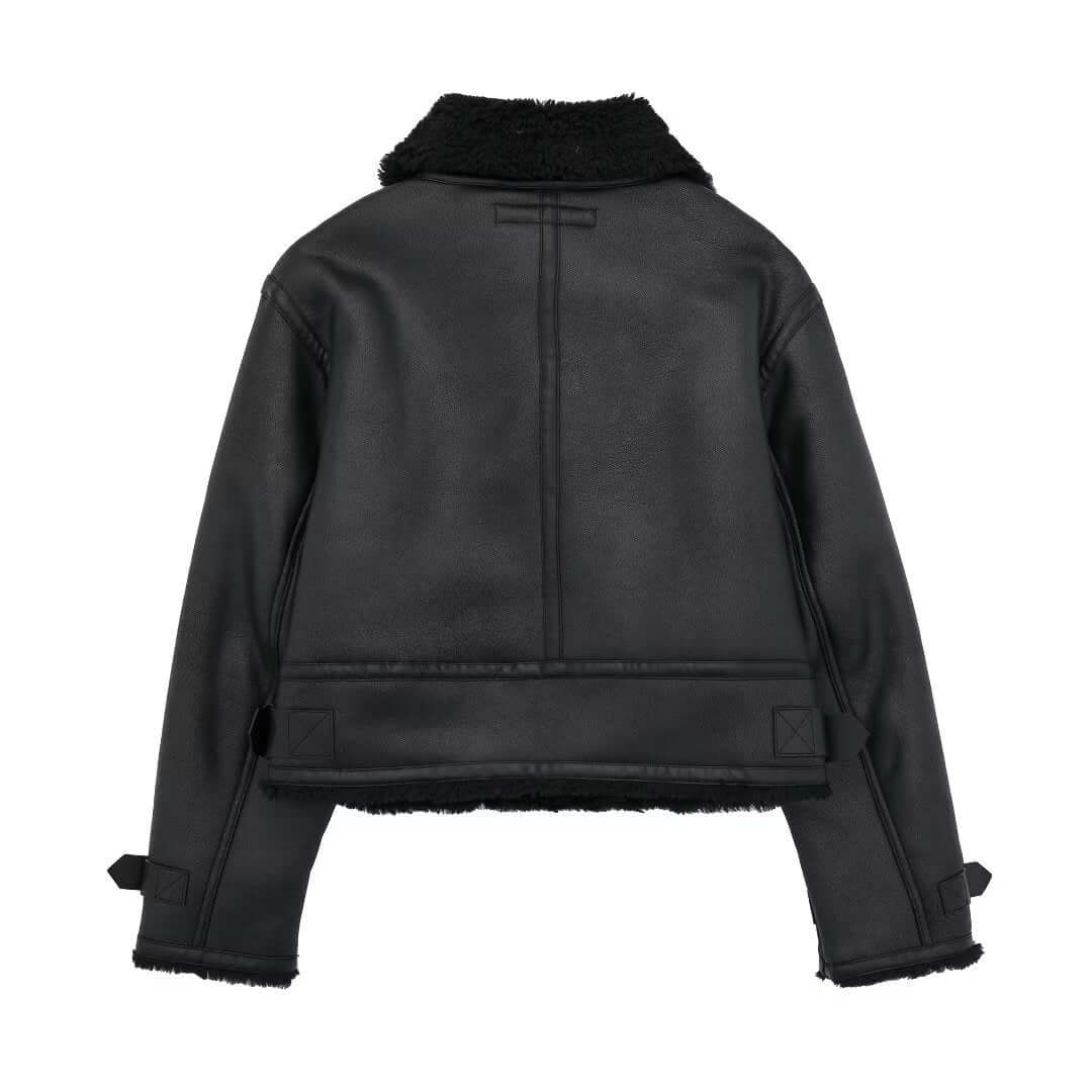 Women's Faux Leather Jacket with Fur Collar