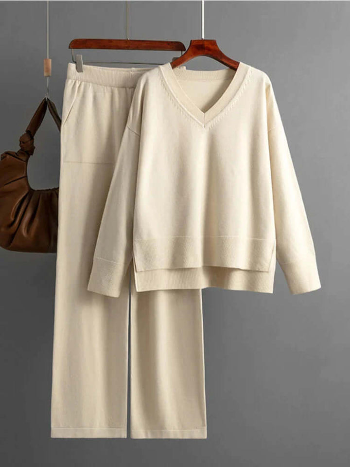 Women's V-Neck Sweater and Wide-Leg Trousers Set