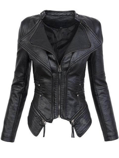 Women's Slim Fit PU Leather Jacket with Zip Stitching