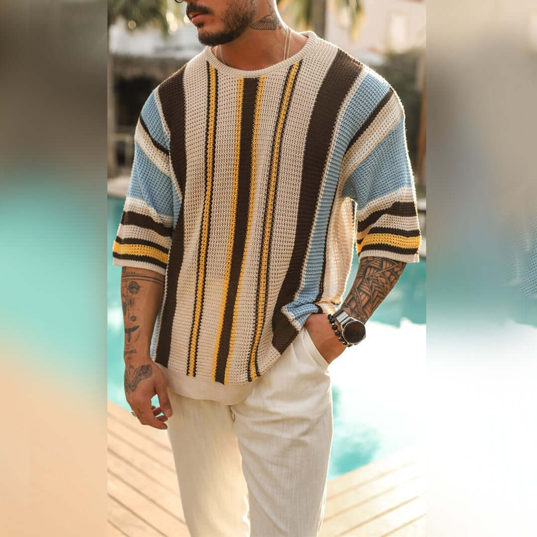 Men's Striped Knitted Sweater - Short Sleeve