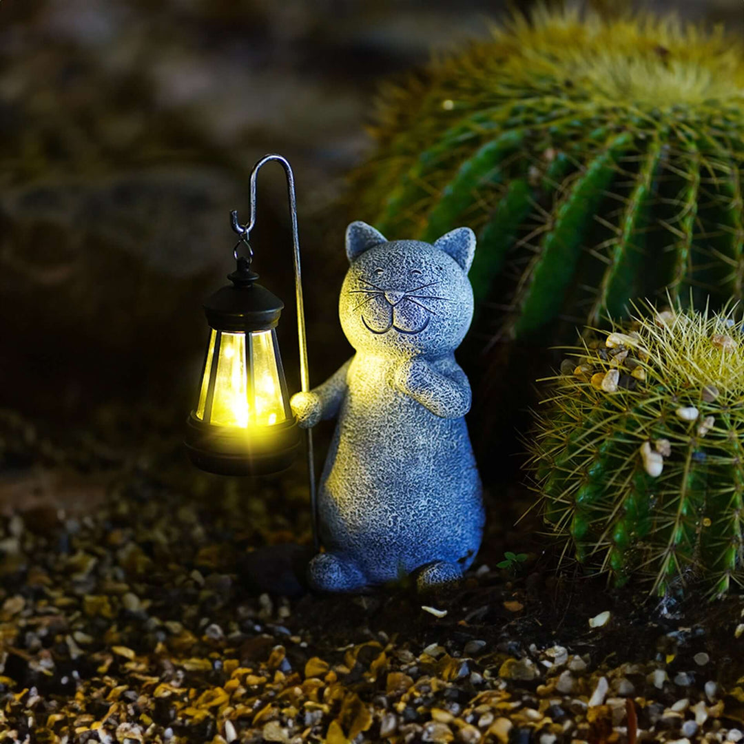 Solar Resin Cat Garden Statue with Golden Light