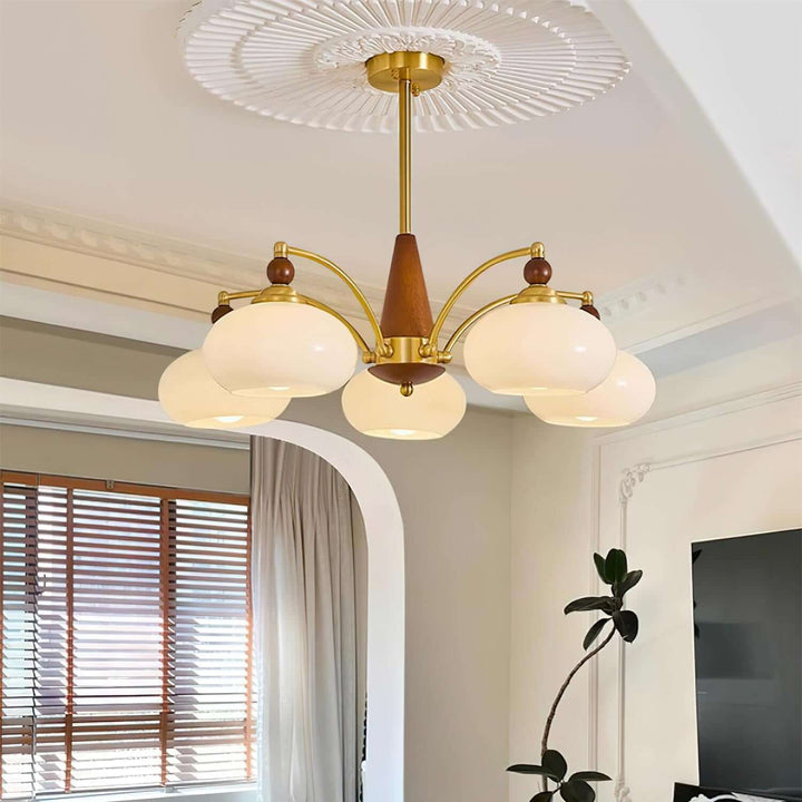 Retro Wood & Brass Chandelier