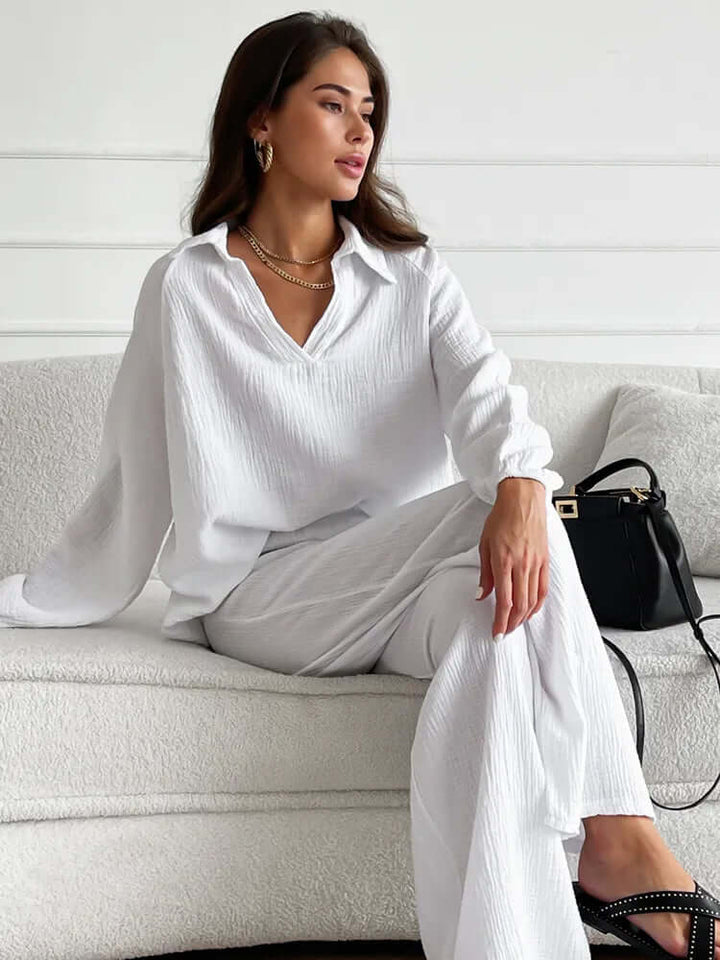 Women's Cotton Loungewear Set - V-Neck & Wide Leg