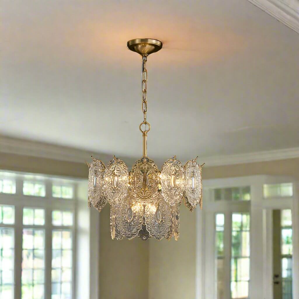 Crystal Panel Chandelier, Embossed Lighting Fixture