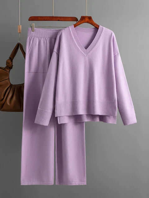 Women's V-Neck Sweater and Wide-Leg Trousers Set