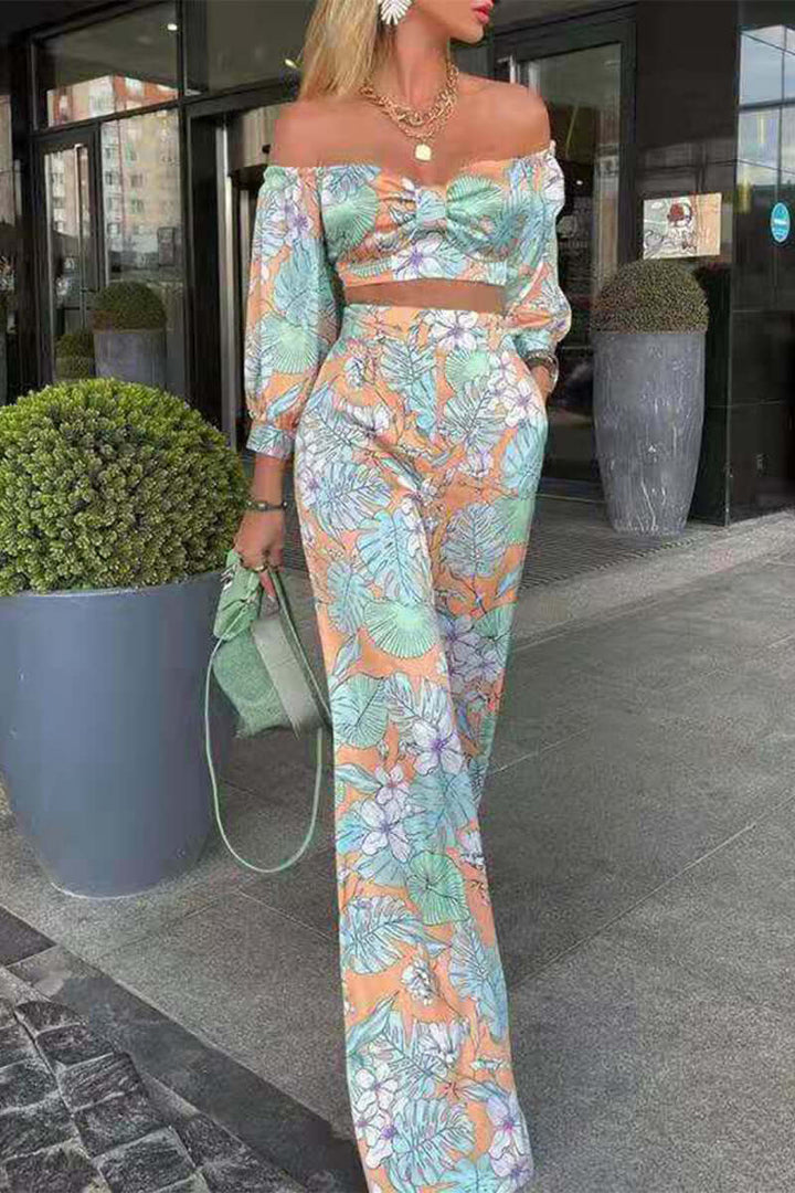 Floral Off-Shoulder Top & Wide Leg Pants Set - Women