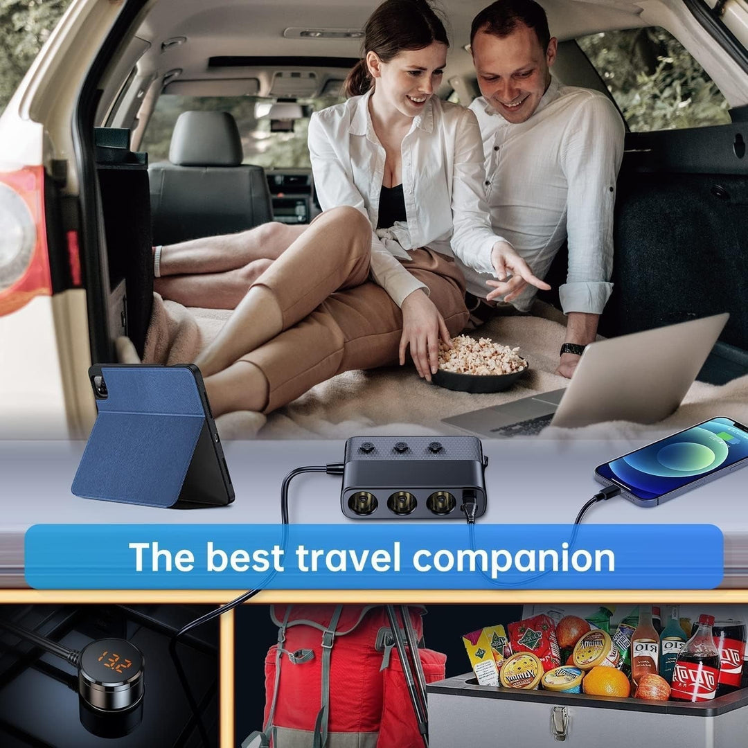7-in-1 car adapter with 3 sockets, 4 USB ports, LED voltmeter, and quick charge, for charging multiple devices on the go.