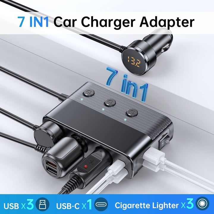 7-in-1 car adapter with 3 sockets, 4 USB ports, LED voltmeter, and quick charge, for charging multiple devices on the go.