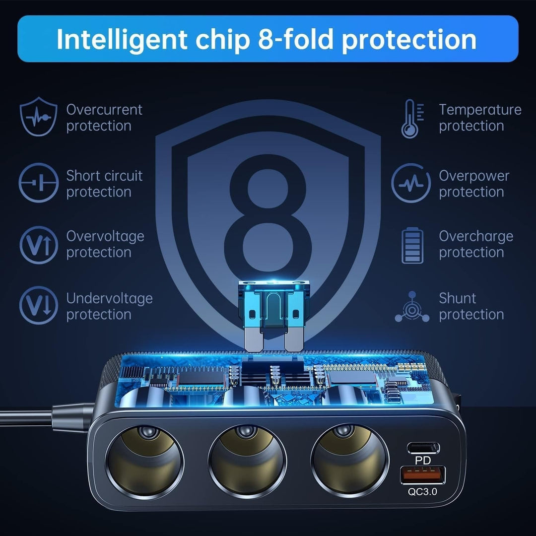 7-in-1 car adapter with 3 sockets, 4 USB ports, LED voltmeter, and quick charge, for charging multiple devices on the go.