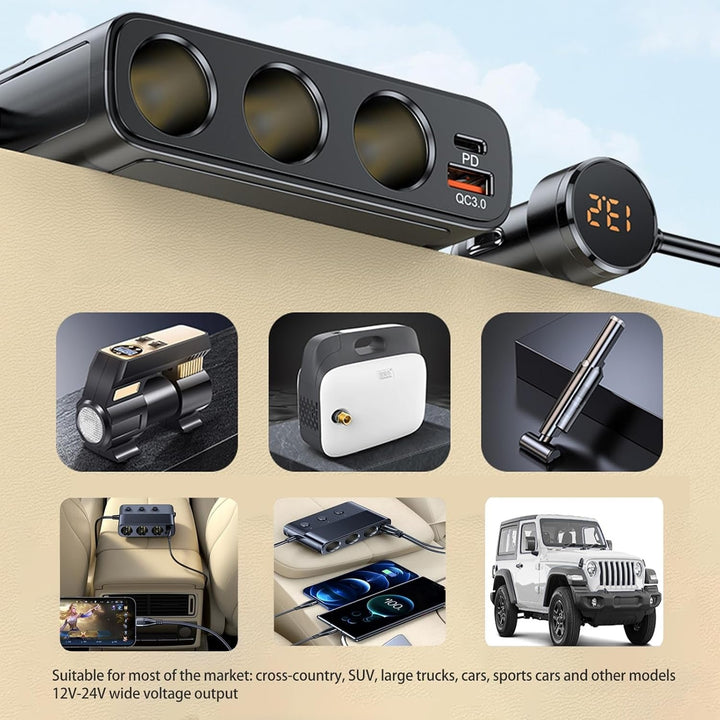 7-in-1 car adapter with 3 sockets, 4 USB ports, LED voltmeter, and quick charge, for charging multiple devices on the go.