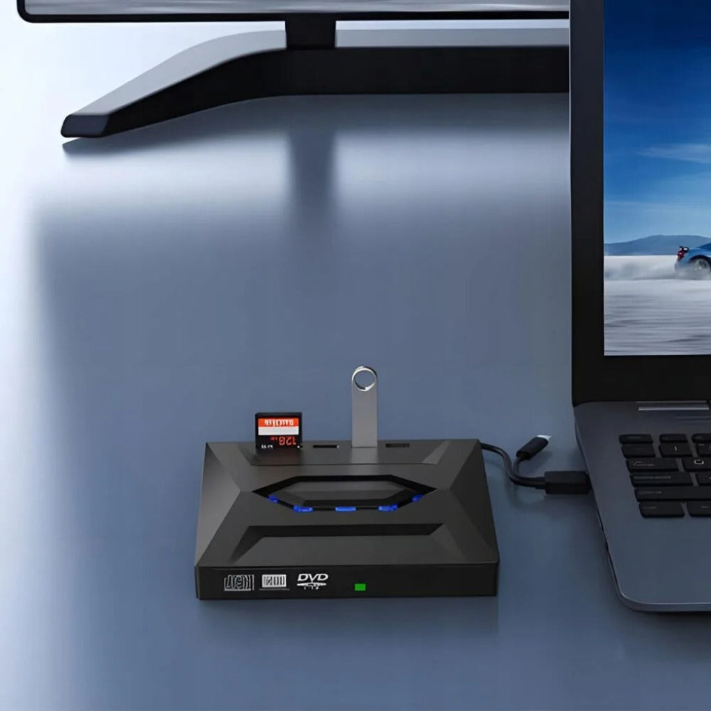 Compact external DVD/CD drive with SD card reader & USB hub for data transfer. Universal laptop accessory.