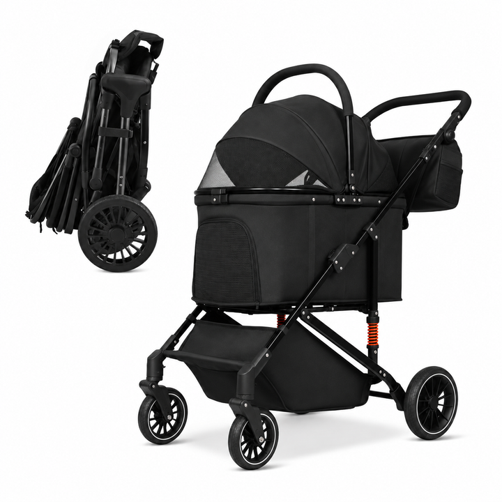 Easy-Fold Dog Stroller with Detachable Basket for Small Dogs