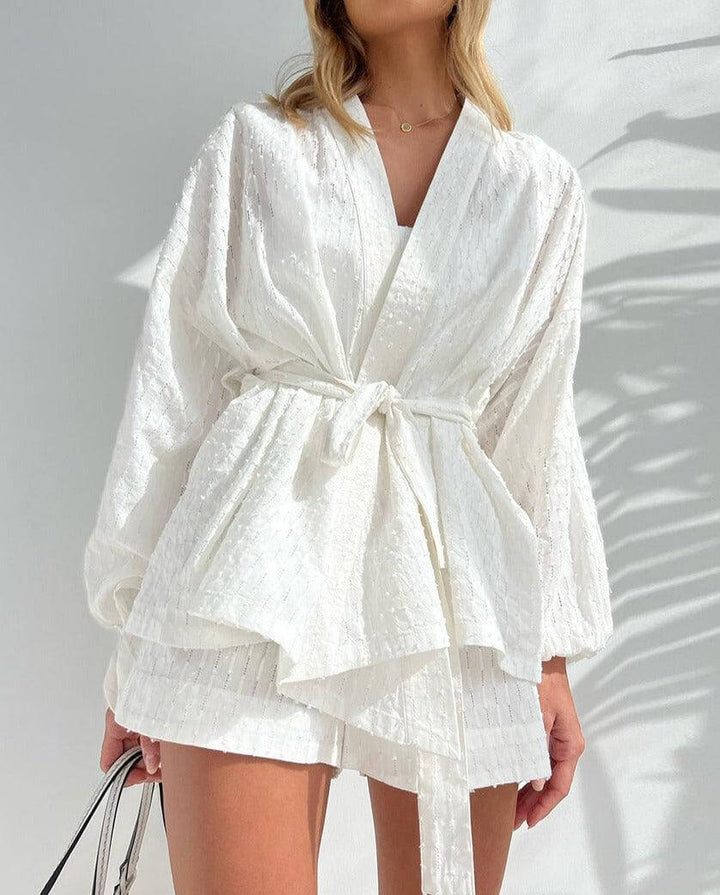 Women's Long Sleeve Kimono Top and Shorts Set
