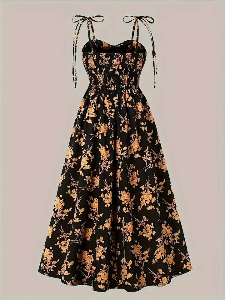 Floral Print Midi Dress with Tie Straps