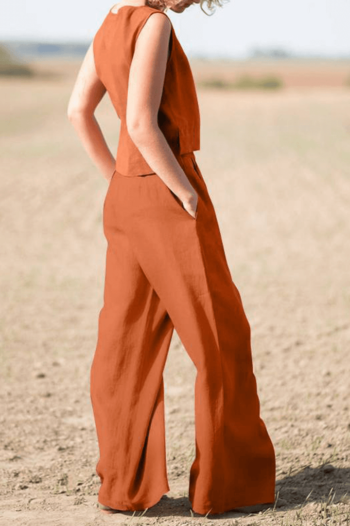 Women's Relaxed Fit Round Neck Top and Wide-Leg Pants Set