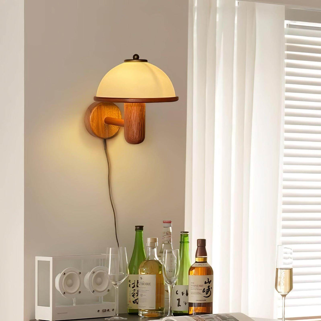 Oak Wood Mushroom Wall Light with White Shade