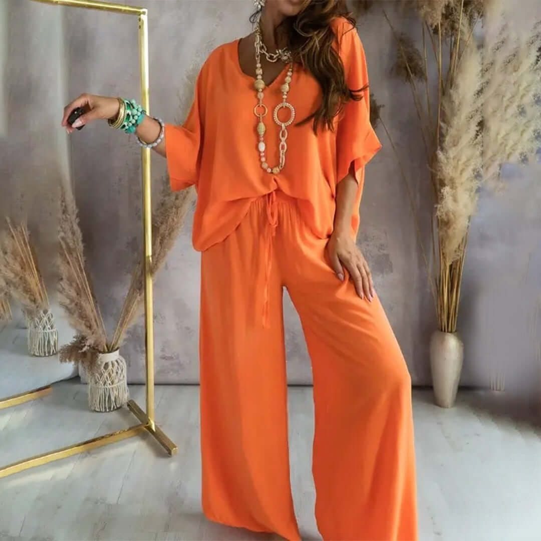 Women's 2-Piece Casual V-Neck Top and Trousers Set