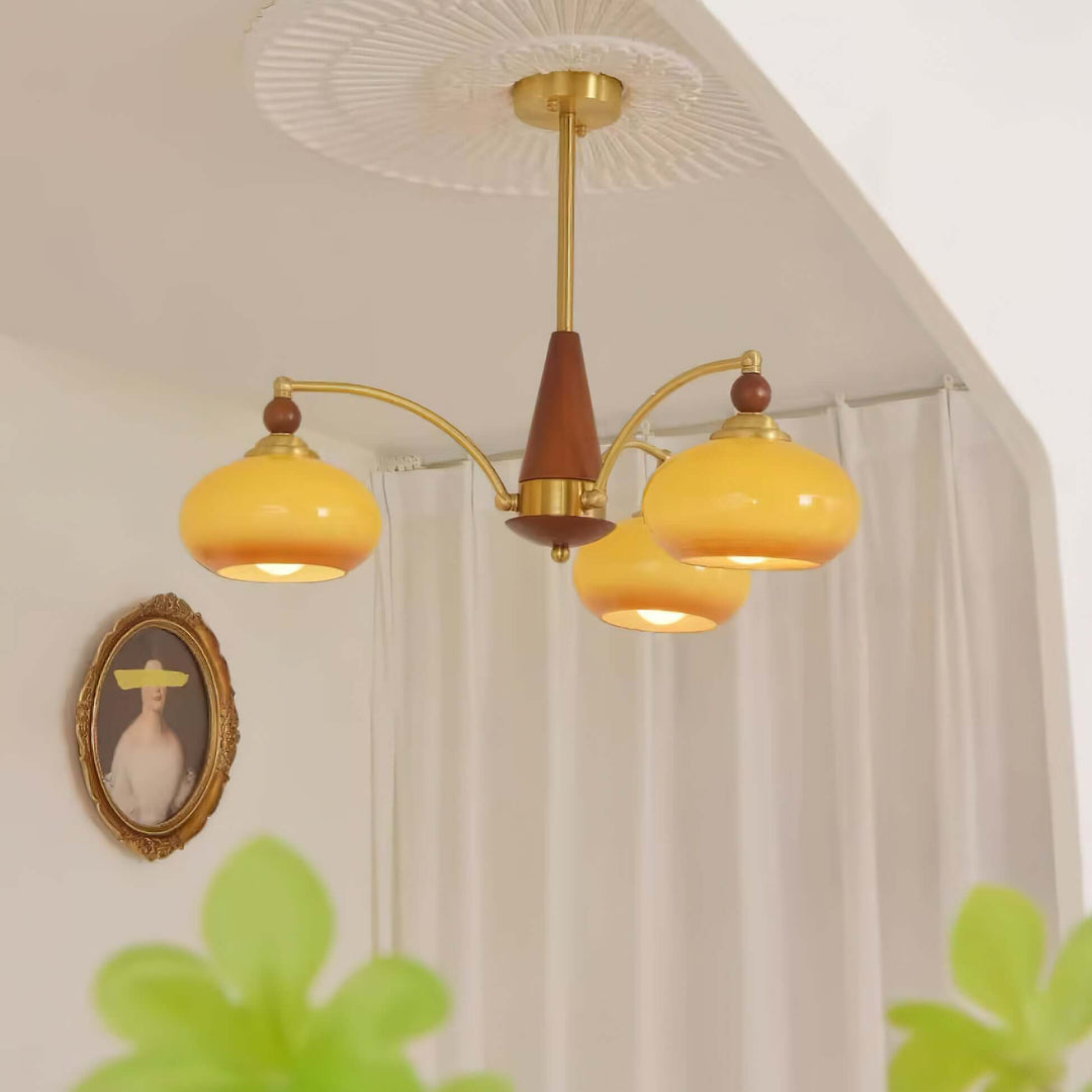 Retro Wood & Brass Chandelier