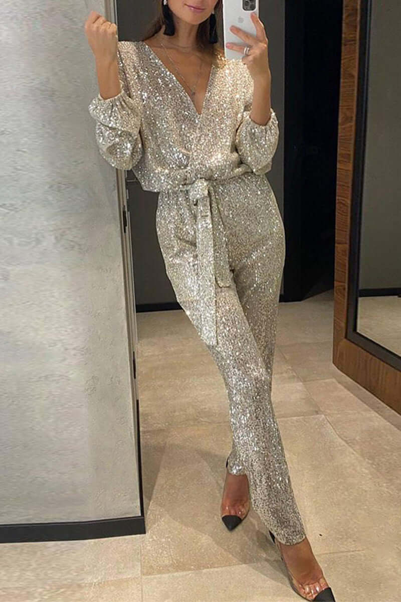 Sequin Bandage Jumpsuit with V-Neck