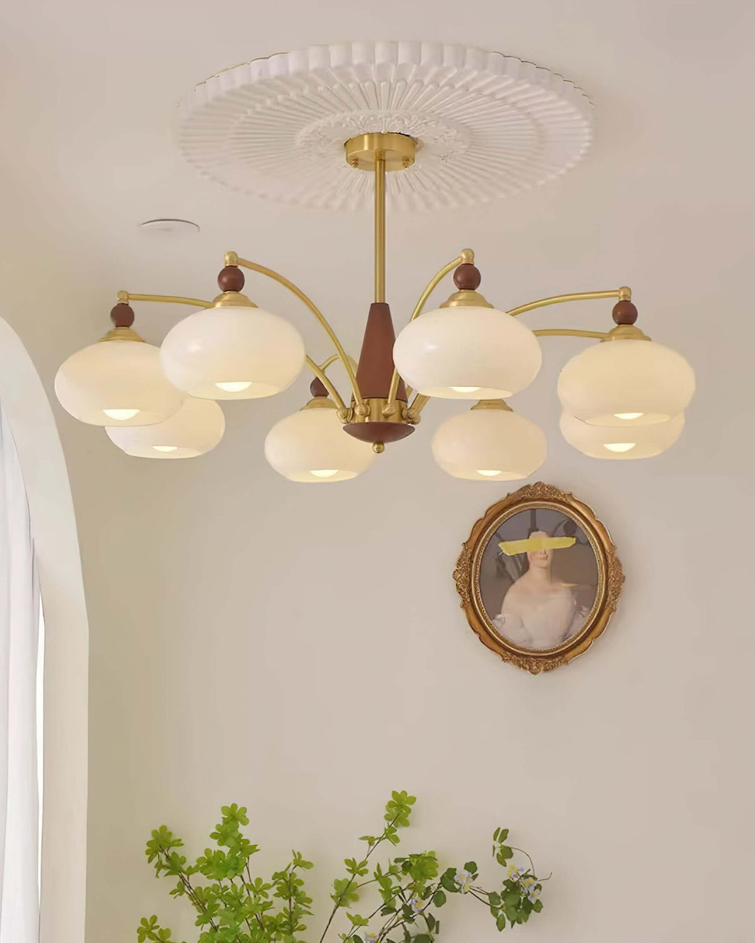 Retro Wood & Brass Chandelier