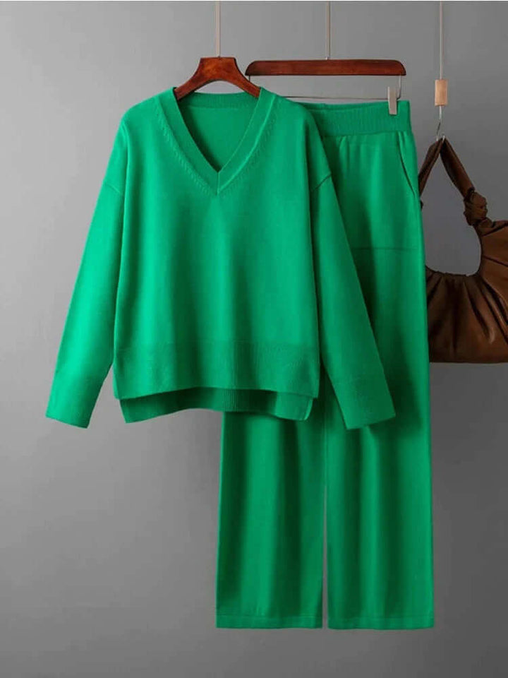 Women's V-Neck Sweater and Wide-Leg Trousers Set