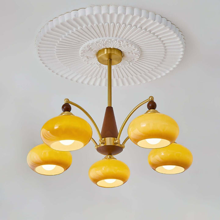 Retro Wood & Brass Chandelier