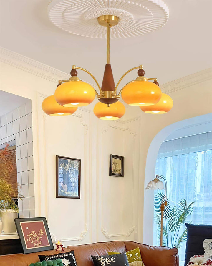 Retro Wood & Brass Chandelier