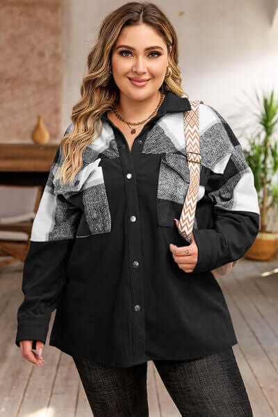 Plus Size Plaid Shacket Jacket For Women's