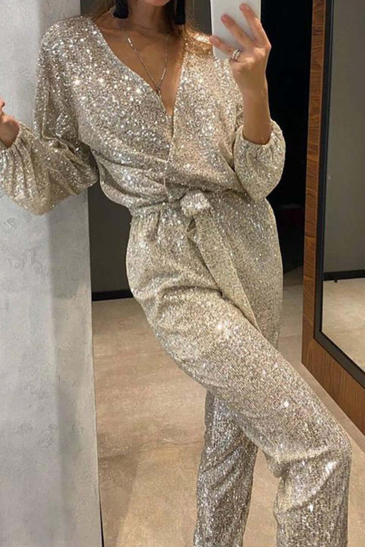 Sequin Bandage Jumpsuit with V-Neck