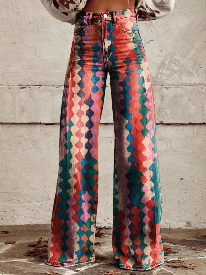 Women's Wide-Leg Trousers - High-Waisted Retro Print