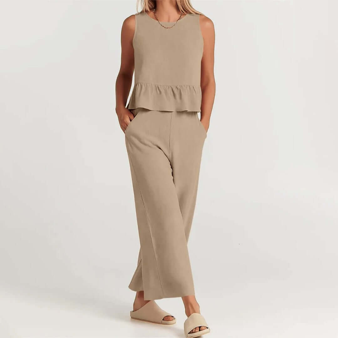 Women's Ruffled Sleeveless Top & Wide-Leg Pants Set