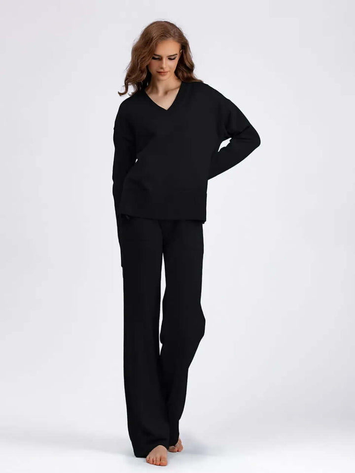 Women's V-Neck Sweater and Wide-Leg Trousers Set